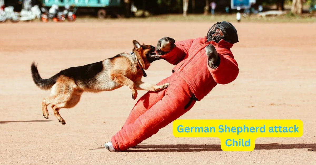 German Shepherd dog in aggressive stance facing a child, highlighting potential dangers of unsupervised interaction with large dogs.