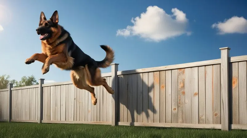 German Shepherd jumping over a 6-foot fence, showcasing its incredible strength, agility, and ability to clear high obstacles with ease.