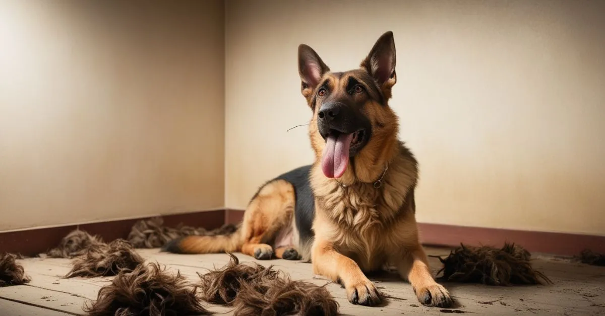 German Shepherd experiencing hair loss in clumps, highlighting potential issues like shedding, allergies, or skin conditions, with a focus on coat care and health.